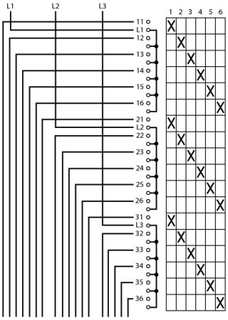 Ступенчатый переключатель, 3P, Ie = 25A , Пол. 1-6 , 45 °, переднее крепление