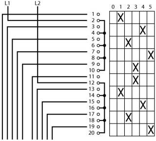 Ступенчатый переключатель, 2р , Ie = 12A , Пол. 0-5 , 45 °,  48х48 мм , переднее крепление в отверстие 22мм