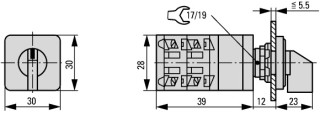 Ступенчатый переключатель, 1P , Iu = 10A, Пол. 0-1-2 , 45 °,  30x30mm , переднее крепление в отверстие 22мм