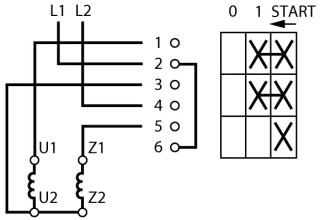 Переключатель фазы , 2P, Ie = 12A , Пол. 0-1 < START , 45 °, 48х48 мм , переднее крепление