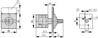 Кулачковый переключатель, 6P, Ie = 63A , Пол. 1-0-2 , 45 ° 88x88 мм переднее крепление