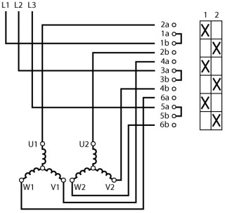 Переключатель полюсов, 2 скорости , 3P , Ie = 63A , Пол. 1-2 , 90 °, 88x88 мм переднее крепление