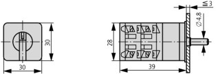 Переключатель управления , 2р , Iu = 10A, Пол. 0-I < START , 90 °, 48х48 мм , переднее крепление