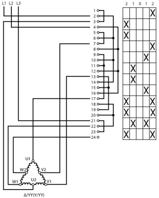 Переключатель полюсов, с задним ходом,  3P, Ie = 25A, Пол. 2-1-0-1-2 , 45 °, 88x88mm