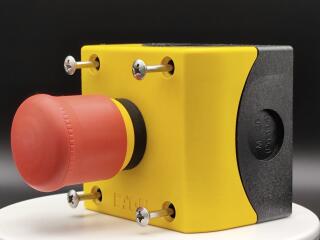 Кнопка аварийной остановки защищенная, 1 замыкающий + 1 размыкающий контакты, цвет красный, цвет корпуса желтый