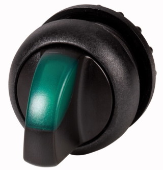 Переключатель с поворотной ручкой V-позиционный 60⁰, с фиксацией, цвет зеленый с подсветкой, черное лицевое кольцо