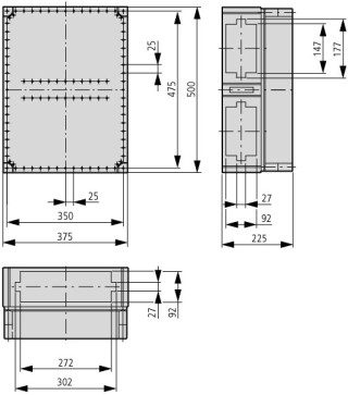 Изолированный щит с метрическимифланцами, ВхШхД = 500x375x225 мм , IP65