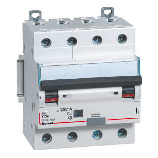 Автоматический выключатель дифференциального тока DX³ 6000 - 10 кА - тип характеристики С - 4П - 400 В~ - 25 А - тип A - 300 мА - 4 модуля