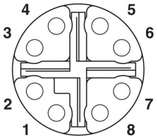 Схематический чертеж, Расположение контактов штекера М12, 8 контактов, вид со стороны гнезда