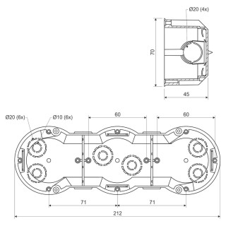 Коробка установочная тройная для твердых стен KP 64 / 3 (KA) 212х70х45 мм