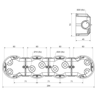 Коробка установочная 4-х местная для твердых стен KP 64 / 4 (KA) 284х70х45 мм