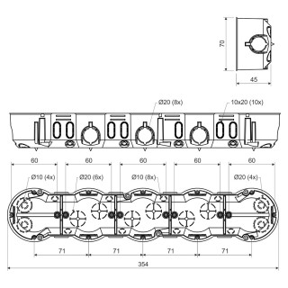 Коробка установочная 5-ти местная для твердых стен KP 64 / 5 (KA) 354х70х45 мм