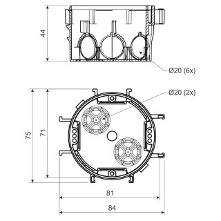 Коробка установочная для твердых стен KP 67 / 2 (KA) с межосевым расстоянием 71-81 мм, D70х45 мм