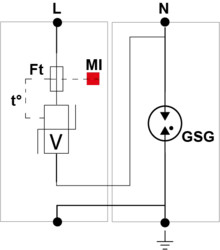 УЗИП Тип 1+2, Схема (1+1), 2 полюса, TT-TN, UN230/UC280 Vac, Iimp=12,5kA, In=20kA, Iimp total=25kA (сигнализация визуальная) 