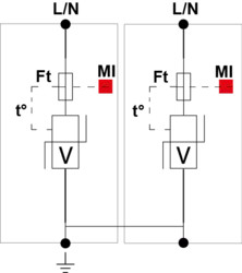 УЗИП Тип 1+2, Схема (2+0), 2 полюса, IT, UN230/UC440 Vac, Iimp=12,5kA, In=20kA, Iimp total=25kA (сигнализация визуальная)