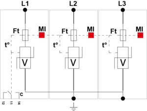 УЗИП Тип 1+2, Схема (3+0), 3 полюса, IT, UN230/UC440 Vac, Iimp=12,5kA, In=20kA, Iimp total=37,5kA (сигнализация визуальная + дистанционная)