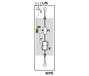 УЗИП Тип 1+2, Схема (1+0), 1 полюс, TN, UN230/UC255 Vac, Iimp=12,5kA, In=20kA (сигнализация визуальная + дистанционная)