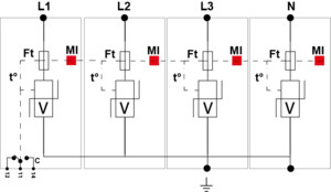 УЗИП Тип 1+2, Схема (4+0), 4 полюса, TNS, UN120/UC150 Vac, Iimp=12,5kA, In=20kA, Iimp total=50kA (сигнализация визуальная + дистанционная)