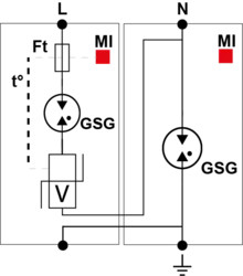 УЗИП Тип 1+2+3, Схема (1+1), 2 полюса, TT-TN, UN230/UC255 Vac, Iimp=12,5kA, Itota=25kA, In=20kA, Imax=50kA (сигнализация визуальная)