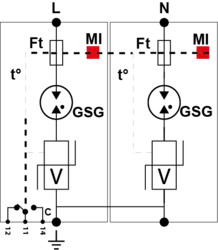 УЗИП Тип 1+2+3, Схема (2+0), 2 полюса, TN, UN230/UC255 Vac, Iimp=12,5kA, Itota=25kA, In=20kA, Imax=50kA (сигнализация визуальная+дистанционная)