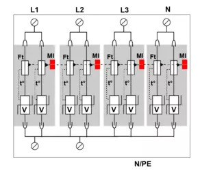 УЗИП Тип 2, Схема (4+0), 4 полюса, TNS, UN230/UC255 Vac, MCOV=275 Vac, In=30kA, Imax=70kA, Imax total=280kA (сигнализация визуальная)