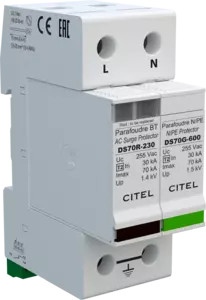 УЗИП Тип 2, Схема (1+1), 2 полюса, TT, UN230/UC255 Vac,MCOV=275 Vac, In=30kA, Imax=70kA, Imax total=70kA (сигнализация визуальная + дистанционная)