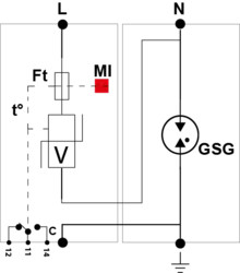 УЗИП Тип 2, Схема (1+1), 2 полюса, TT, UN230/UC255 Vac,MCOV=275 Vac, In=30kA, Imax=70kA, Imax total=70kA (сигнализация визуальная + дистанционная)