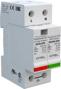 УЗИП Тип 2, Схема (1+1), 2 полюса, TT-TN, UN230/UC280 Vac, In=20kA, Imax=40kA, Imax total=40kA (сигнализация визуальная)