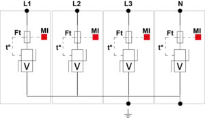 УЗИП Тип 2, Схема (4+0), 4 полюса, IT, UN230/UC440 Vac, In=20kA, Imax=40kA, Imax total=160kA (сигнализация визуальная)