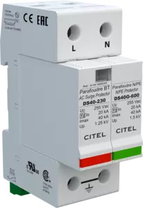 УЗИП Тип 2, Схема (1+1), 2 полюса, TT-TN, UN230/UC255 Vac, MCOV 275Vac, In=20kA, Imax=40kA, Imax total=40kA (сигнализация визуальная + дистанционная)