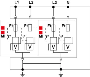 УЗИП Тип 2, Схема (4+0), 4 полюса, TNS, UN230/UC280 Vac, In=20kA, Imax=40kA, (сигнализация визуальная)