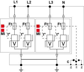 УЗИП Тип 2, Схема (4+0), 4 полюса, TNS, UN120/UC150 Vac, In=20kA, Imax=40kA, (сигнализация визуальная + дистанционная)