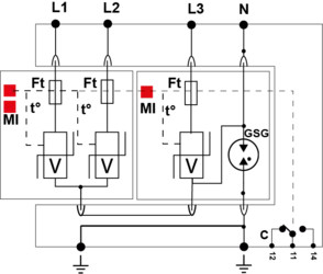 УЗИП Тип 2, Схема (3+1), 4 полюса, TT-TNS, UN120/UC150 Vac, In=20kA, Imax=40kA, (сигнализация визуальная + дистанционная)