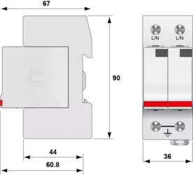 УЗИП Тип 2+3, Схема (2+0), 2 полюса, TN, UN230/UC255 Vac, MCOV=275 Vac, In=20kA, Imax=40kA, Imax total=80kA (сигнализация визуальная)