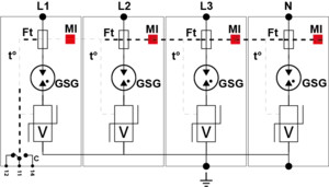 УЗИП Тип 2+3, Схема (4+0), 4 полюса, TNS, UN230/UC255 Vac, MCOV 275 Vac, In=20kA, Imax=40kA, Imax total=160kA (сигнализация визуальная + дистанционная)