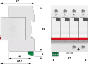 УЗИП Тип 2+3, Схема (4+0), 4 полюса, TNS, UN230/UC255 Vac, MCOV 275 Vac, In=20kA, Imax=40kA, Imax total=160kA (сигнализация визуальная + дистанционная)