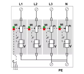 УЗИП  Тип 1+2, Схема (4+0), 4 полюса, TNS, UN230/UC275 Vac, Iimp=12,5kA, In=20kA, Iimp total=50kA (сигнализация визуальная+ дистанционная)