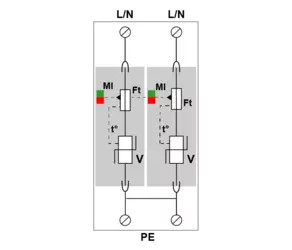 УЗИП Тип 2, Схема (2+0), 2 полюса, TT-TN  150 Vac,           In=20kA, Imax=50kA Imax  Total=100kA (сигнализация визуальная)