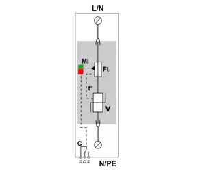УЗИП Тип 2, Схема (1+0), 1 полюс, TN  150Vac, , In=20kA, Imax=50kA (сигнализация визуальная + дистанционная)