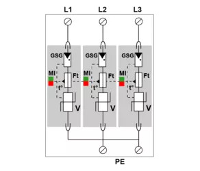 УЗИП Тип 2+3, Схема (3+0), 3 полюса, TN, UN220/UC275 Vac, In=20kA  (сигнализация визуальная)