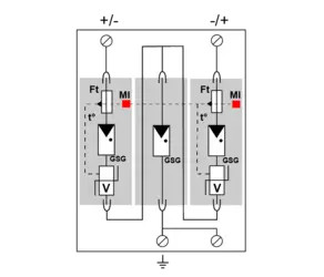 УЗИП тип 2 для ФЭ систем  3х полюсный-  In-15 кА , Imax-40  ФЭ сеть Ucpv 1200 VDC (сигнализация визуальная + дистанционная) Конфигруация сборки VG-MOV+GDT