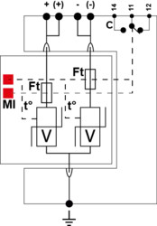 УЗИП по постоянному току. ТИП 2 Un-dc 75 V - Uc DC 100 V Uc-AC 75 V / In 20 kA Imax 40 kA Imax Total 80 kA / визуальная+дистанционная  сигнализация срабатывания