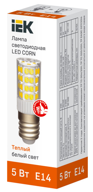 Лампа светодиодная CORN капсула 5Вт 230В 3000К керамика E14 IEK