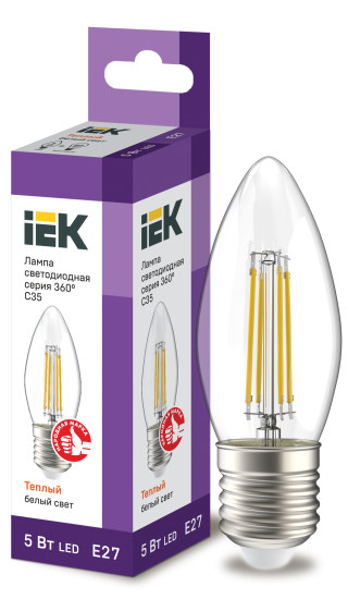 Лампа светодиодная C35 свеча прозрачная 5Вт 230В 3000К E27 серия 360° IEK