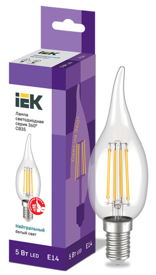 Лампа светодиодная CВ35 свеча на ветру прозрачная 5Вт 230В 4000К E14 серия 360° IEK