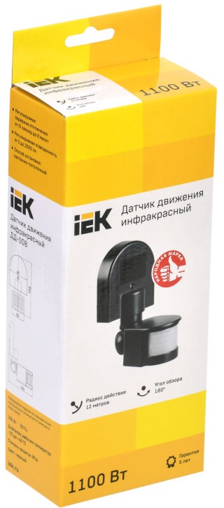 Датчик движения ДД-008 1100Вт 180град 12м IP44 черный IEK