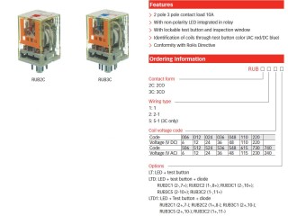 Реле RUB3C5220LTD1, 3CO, 10A(250VAC/24VDC), 220VDC,  мех. инд., тест-кнопка с блокировкой, диод +A1/-A2, LED