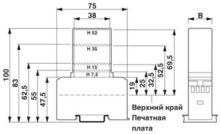 Чертеж, 1 = верхний край печатной платы , B = ширина корпуса