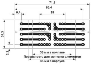 Чертеж, размер шага 5 мм, a = размер монтажной поверхности 38 мм в крышке, a = размер монтажной поверхности 45 мм в корпусе