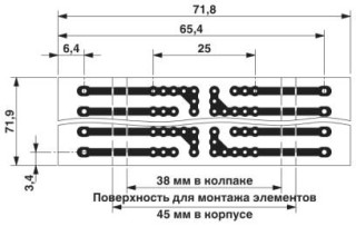 Чертеж, размер шага 5 мм, a = размер монтажной поверхности 38 мм в крышке, a = размер монтажной поверхности 45 мм в корпусе